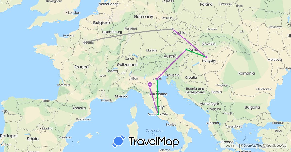 TravelMap itinerary: driving, bus, plane, train in Austria, Czech Republic, France, Hungary, Italy (Europe)